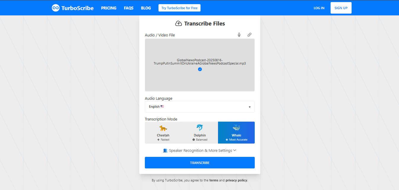 Interfaz de Turboscribe AI que muestra transcripción
