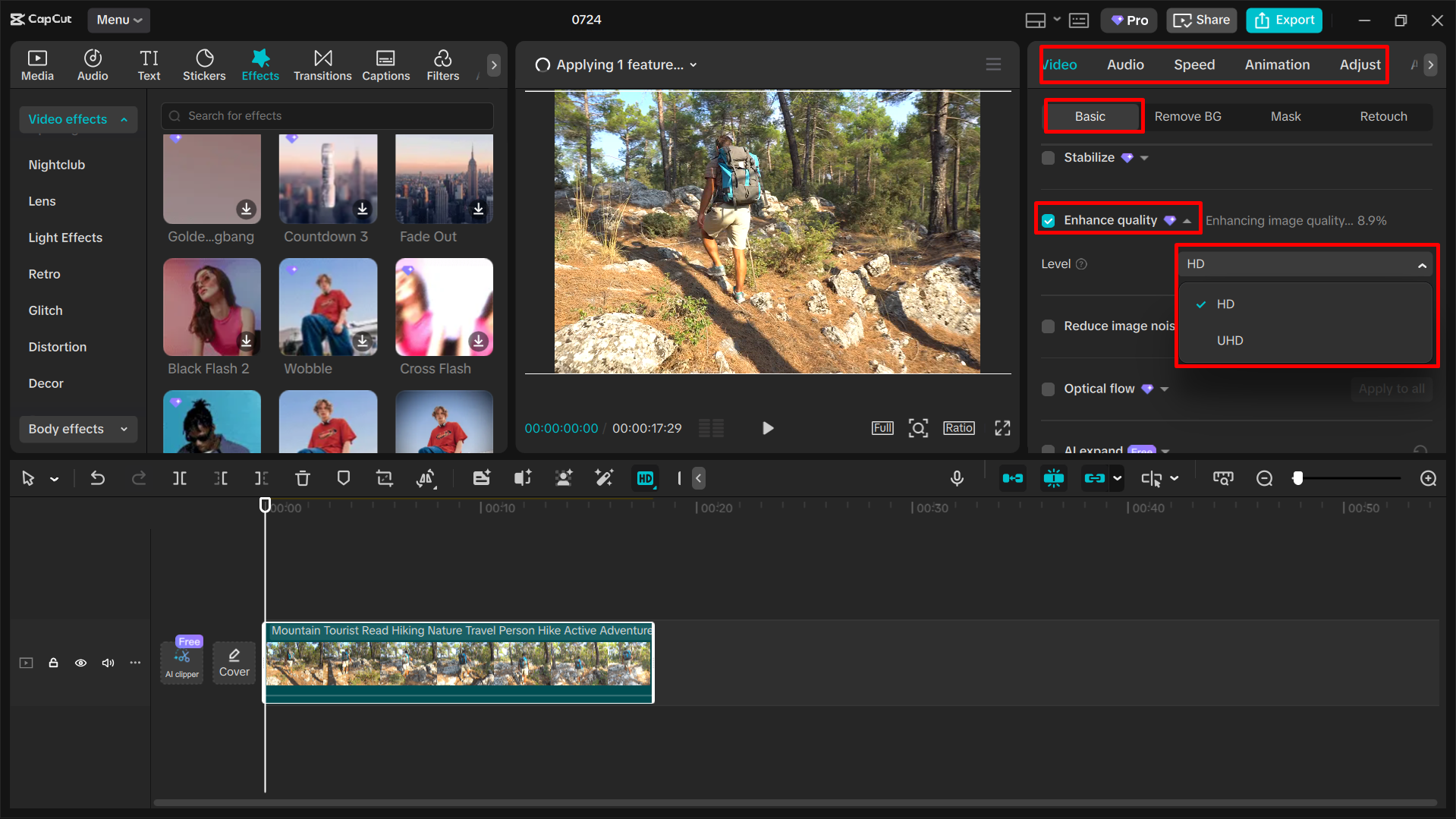 Upscaling the video in the CapCut desktop video editor