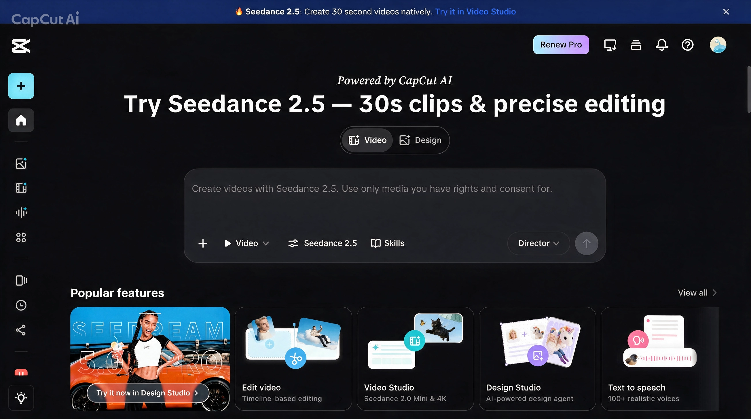 Откройте CapCut и напишите кинематографическую подсказку для Seedance 2,5