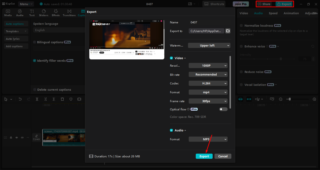 Esportazione della registrazione dello schermo dall'editor video desktop Capcut