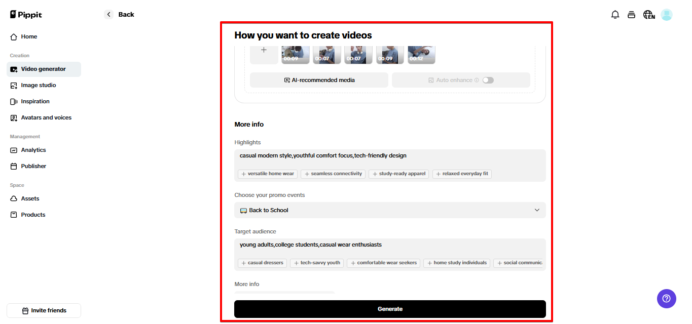 Generating video in Pippit