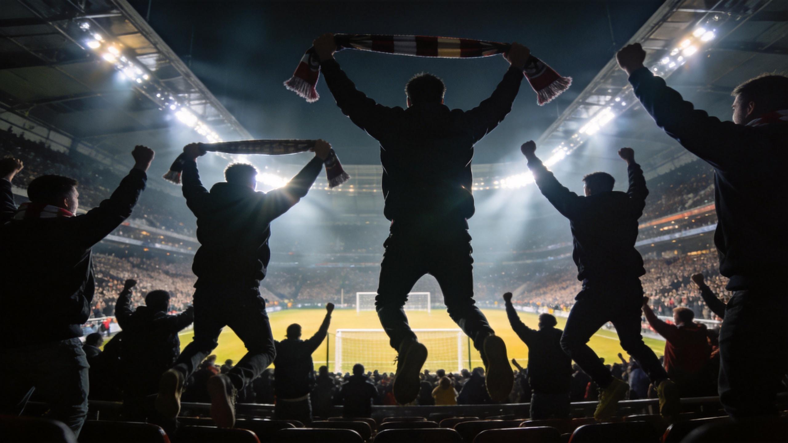 Fans celebrating in a stadium with arms raised and scarves held overhead