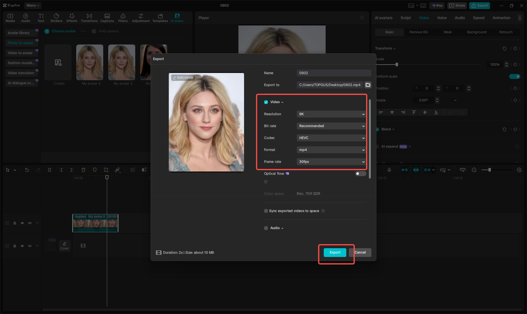 Exporting the video in CapCut