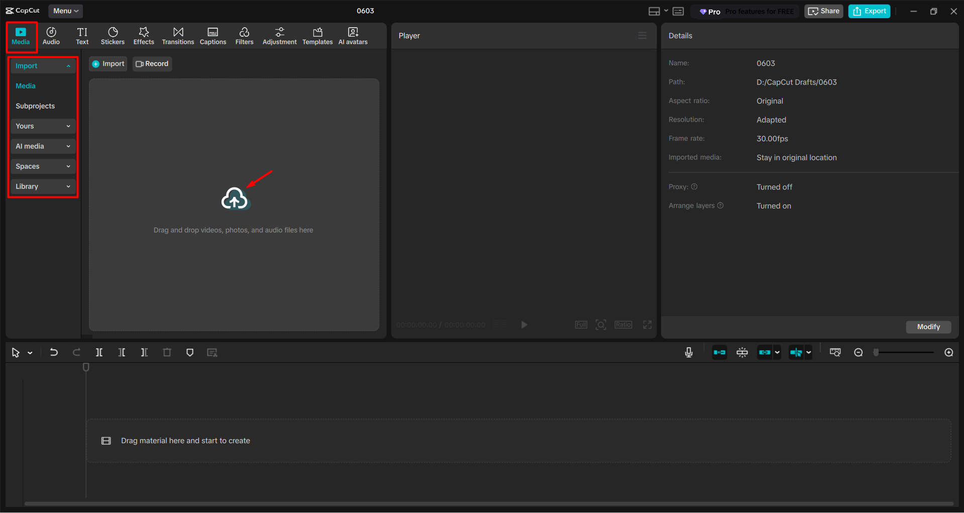 Mengimpor video ke dalam CapCut editor video desktop