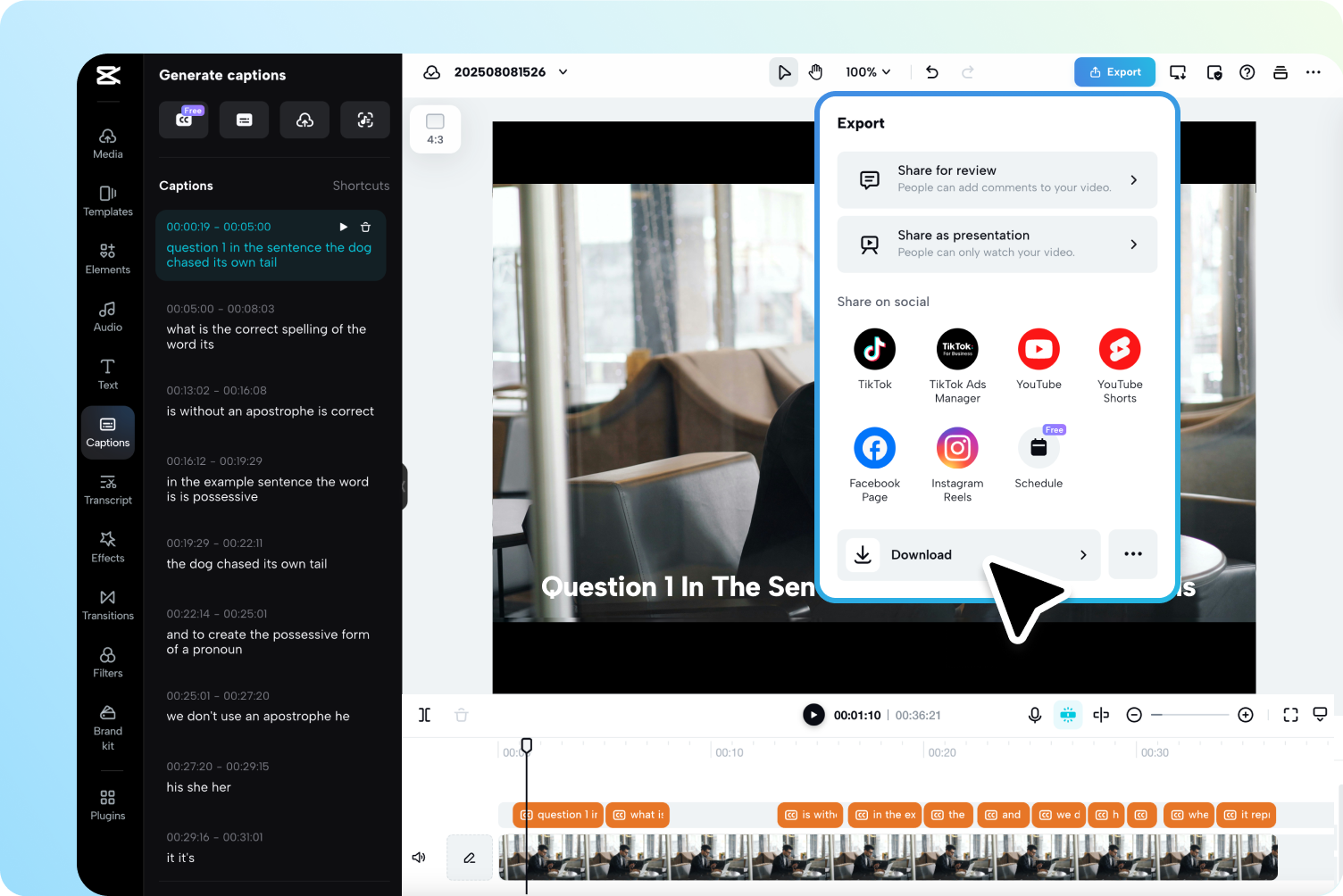 Exporting the video from CapCut Web's AI caption generator