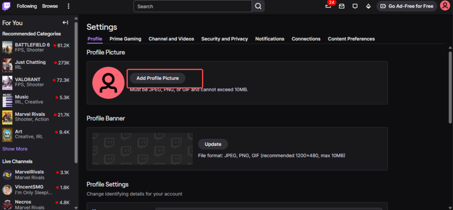 Ajouter une photo de profil à Twitch