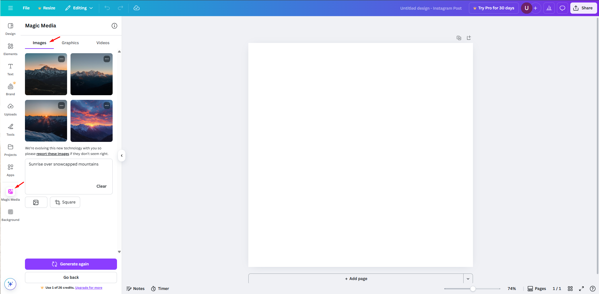 Opening the text to image tool in Canva