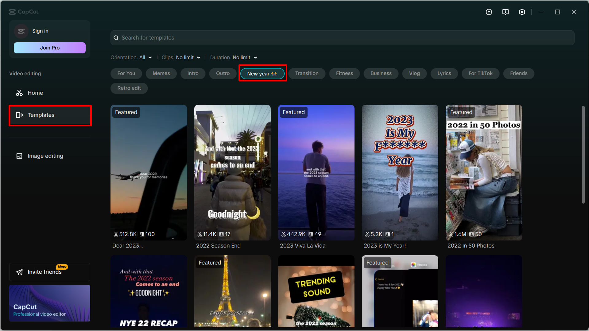 Pilih templat video tahun baharu dalam editor video desktop CapCut