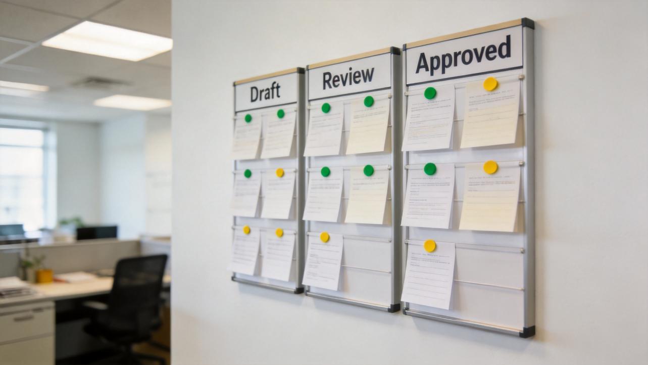 Office wall boards labeled Draft, Review, and Approved with pinned papers