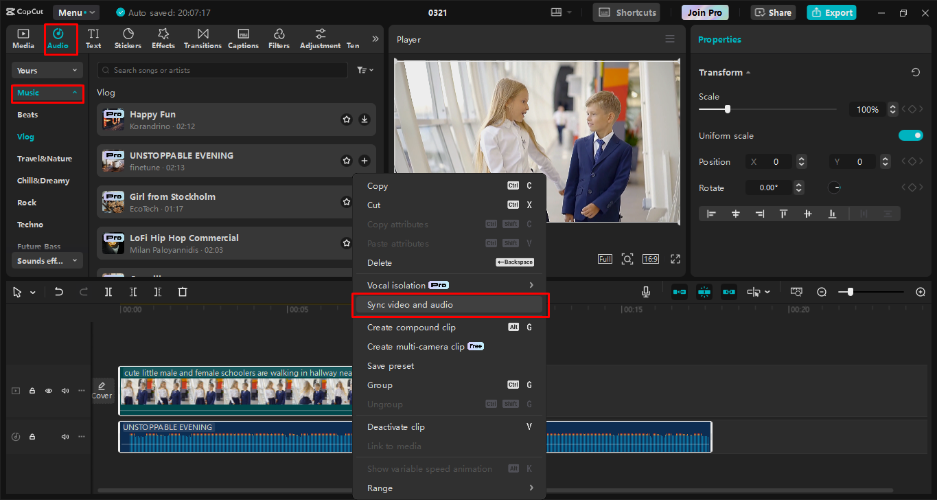 Editing the music in the video using the CapCut desktop video editor