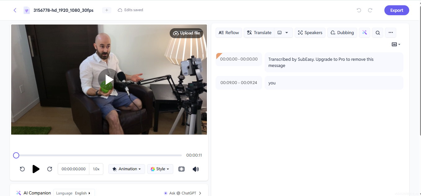 Imagem mostrando como revisar e aprimorar a transcrição no SubEasy AI