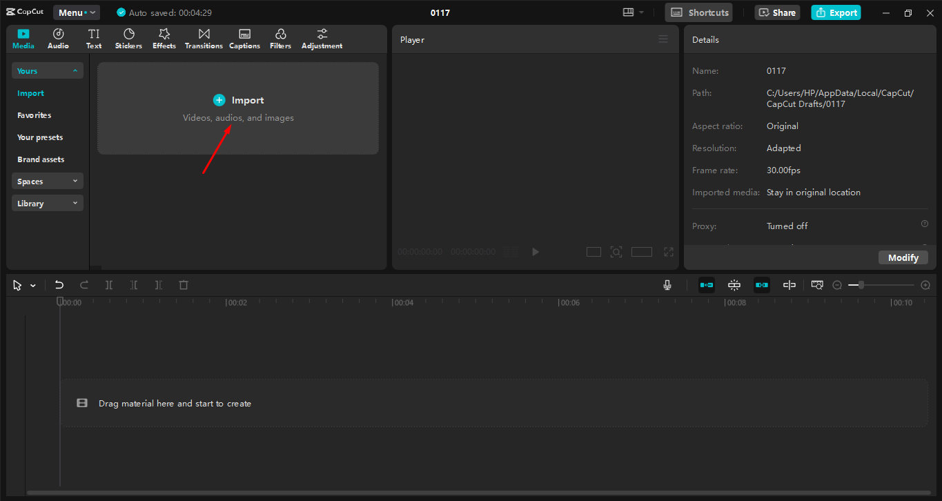 Hochladen von Videos auf den CapCut Desktop-Video-Editor