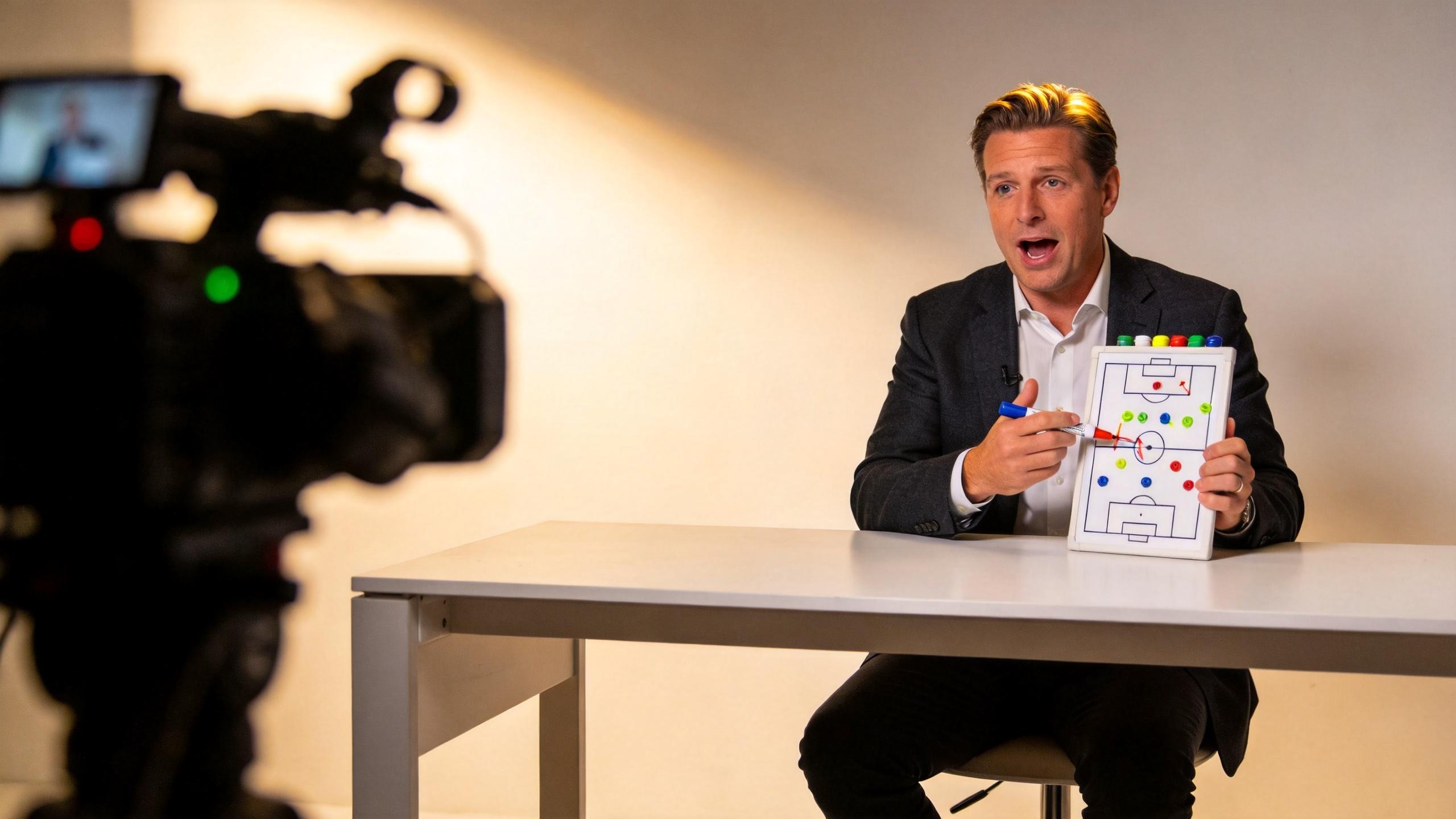 Man on camera explains soccer tactics using a whiteboard at a desk