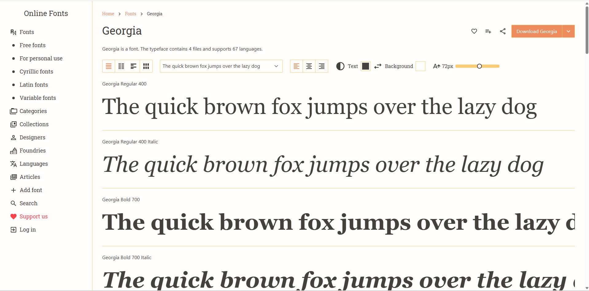 Interface of Online Fonts - the perfect site to download Georgia font pairing
