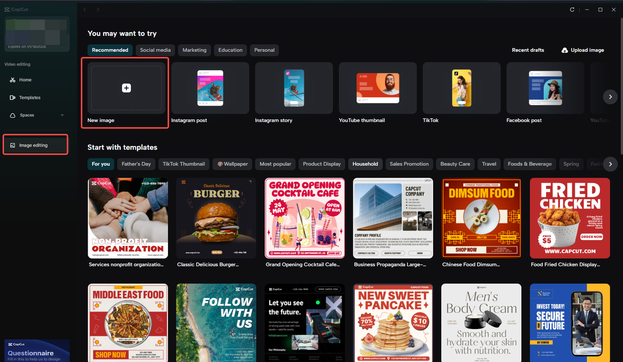 Accessing CapCut's "Image editing" feature