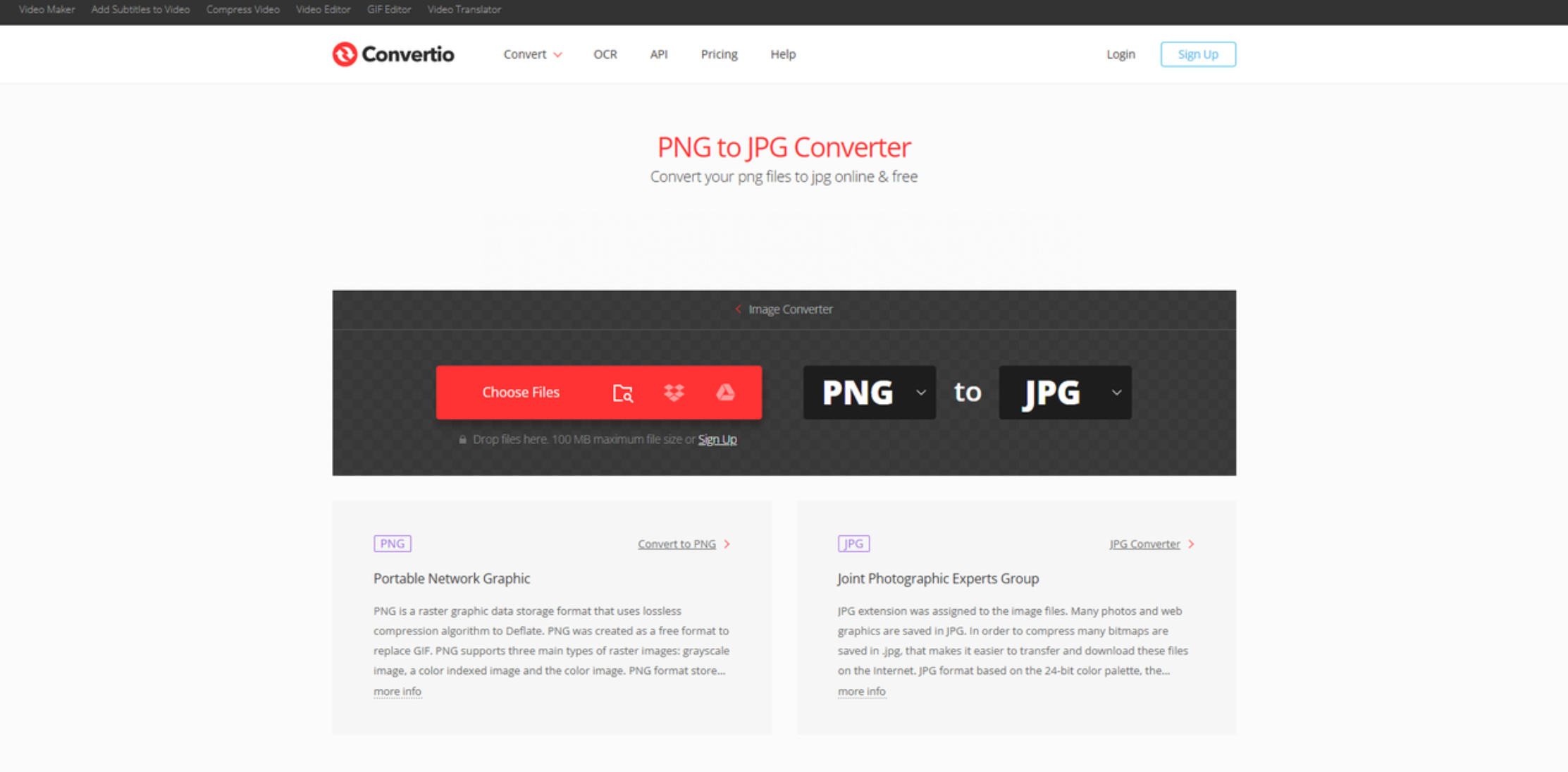 Інтерфейс Convertio - ще один безкоштовний конвертер PNG в JPG