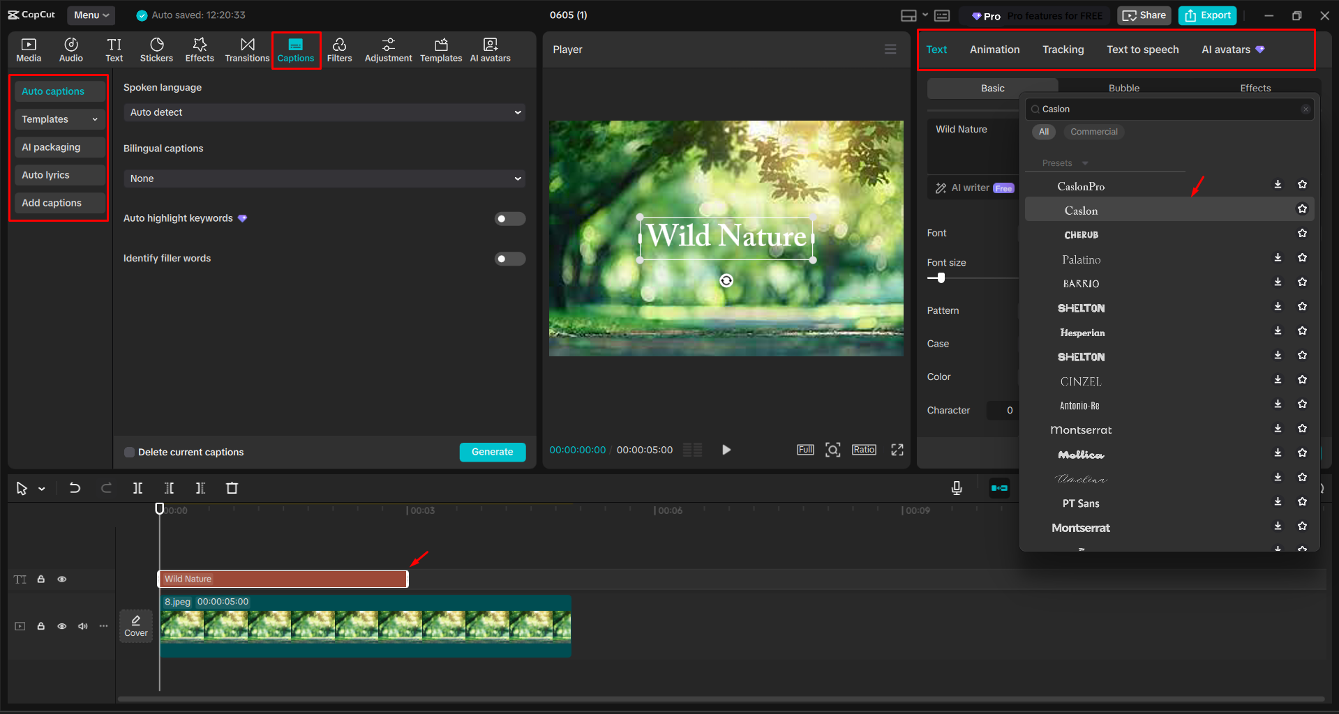 Menambahkan font Caslon ke video dengan editor video desktop CapCut