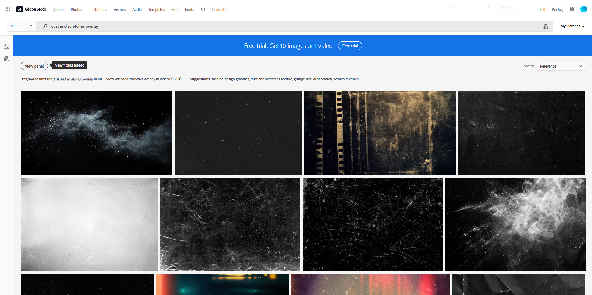 Interfaccia di Adobe Stock: una piattaforma ideale per sovrapposizioni di polvere e graffi gratuite