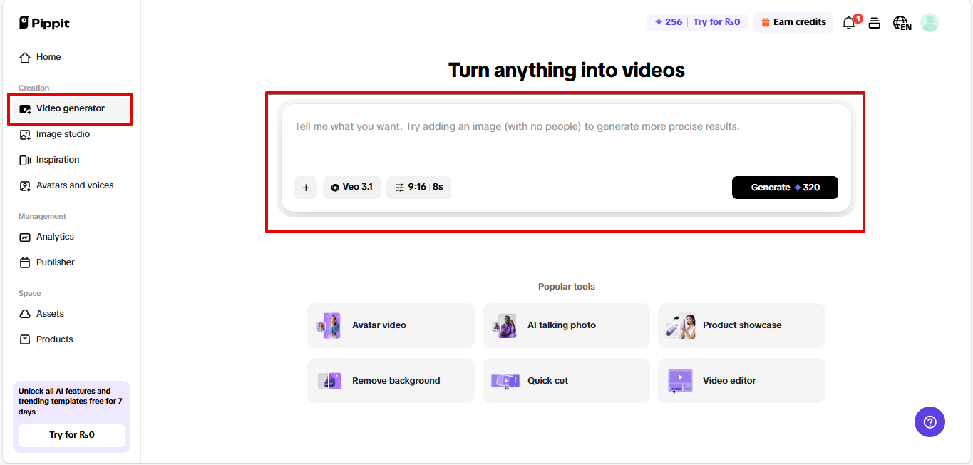 在 Pippit 中開啟 AI 視頻生成器