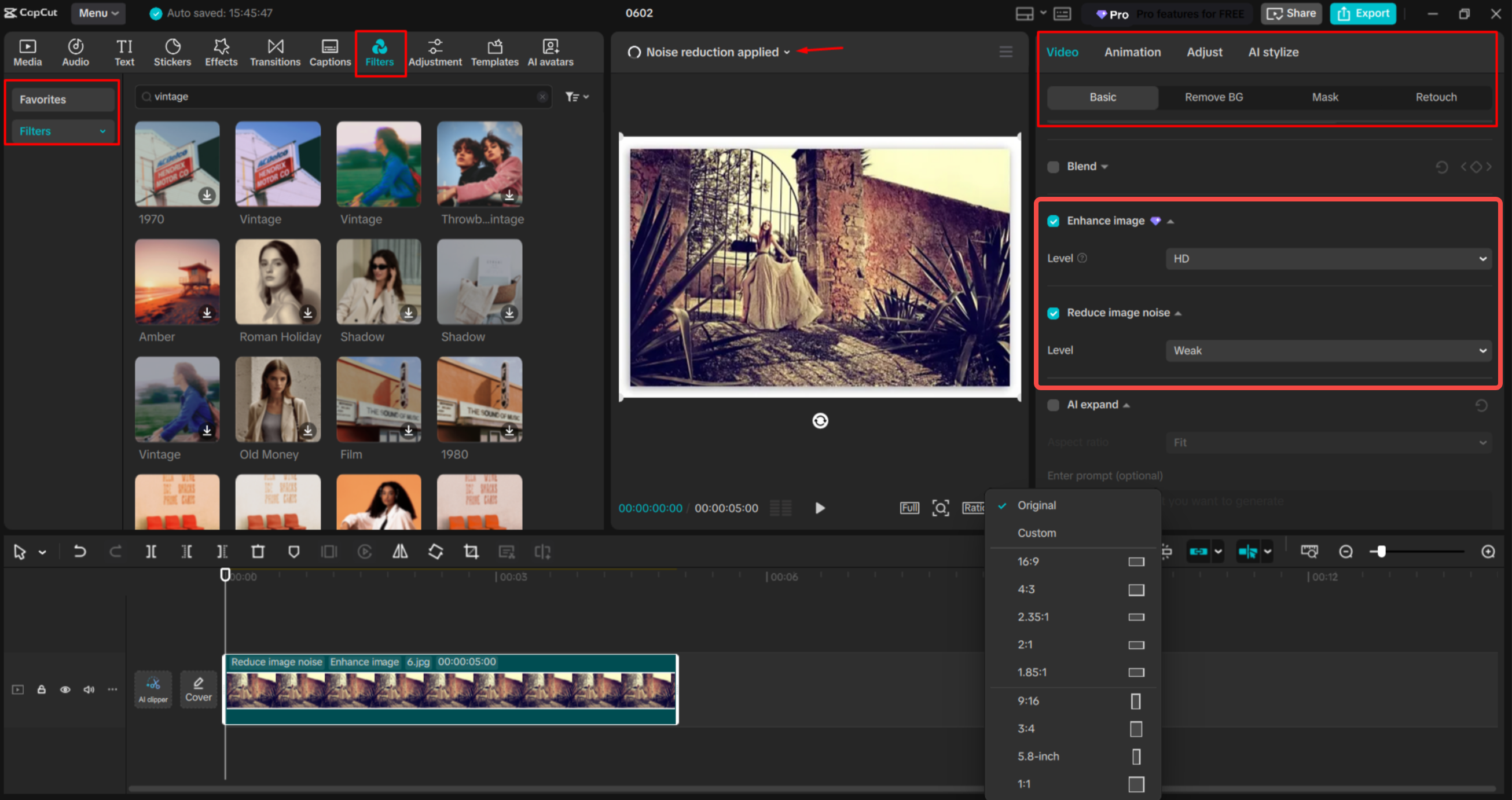 Memulihkan gambar di CapCut editor video desktop