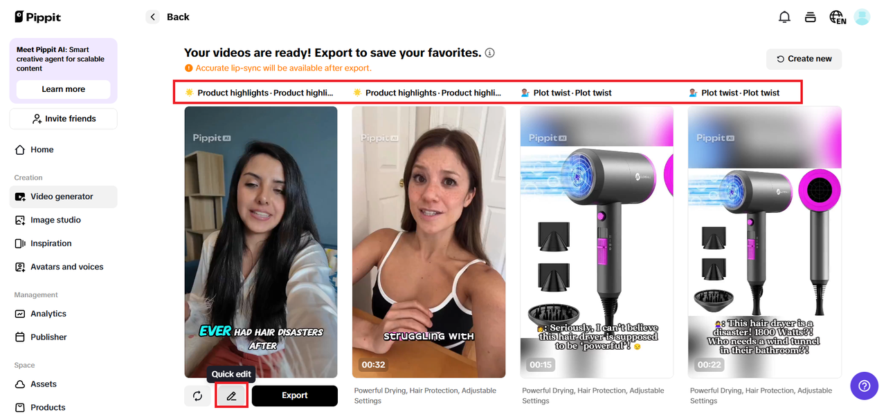 Preview generated videos and choose Quick edit