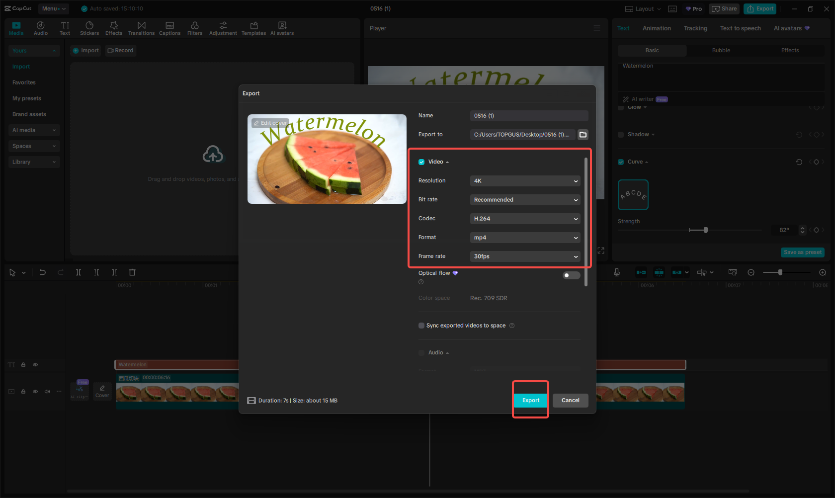 Exporting the image/video in CapCut