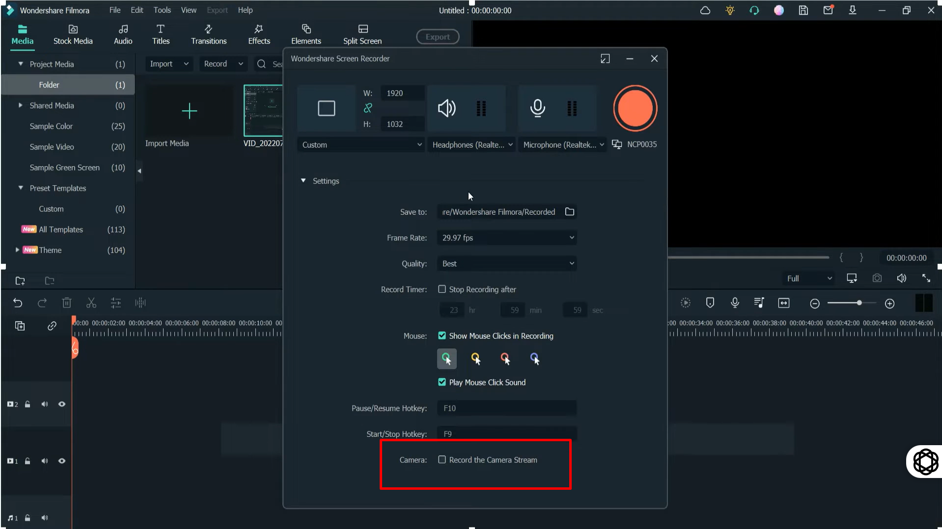 Pagsasaayos ng mga setting ng pag-record ng screen sa Filmora Screen