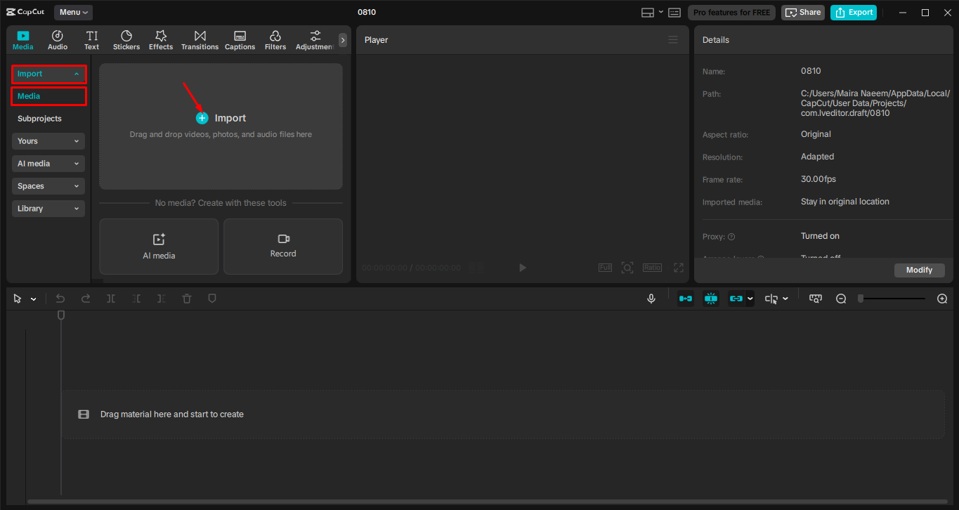 Importing the media into the CapCut desktop video editor