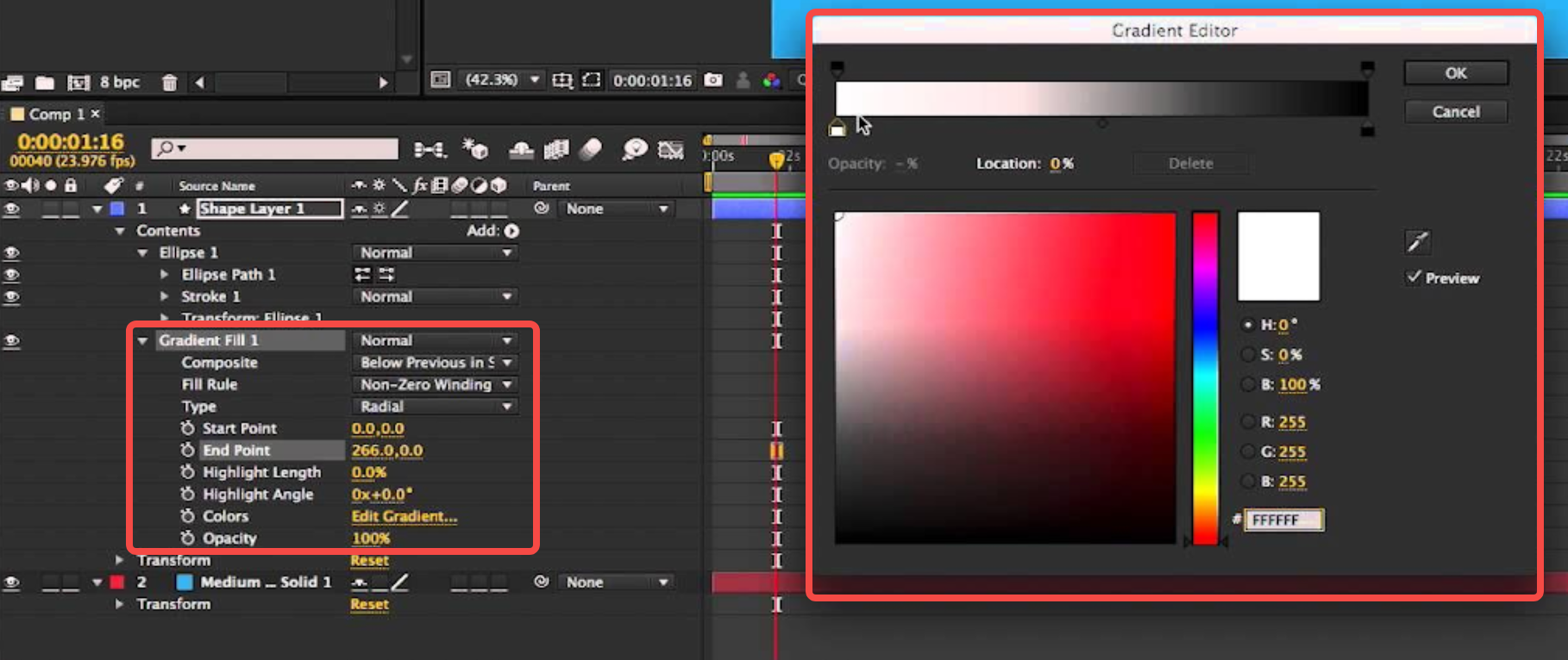 Se arată cum se face text gradient în After Effects folosind straturi de formă