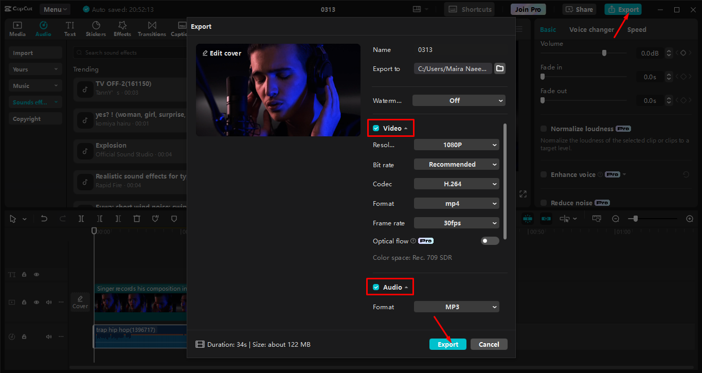 Exportul unui videoclip din editorul video CapCut desktop