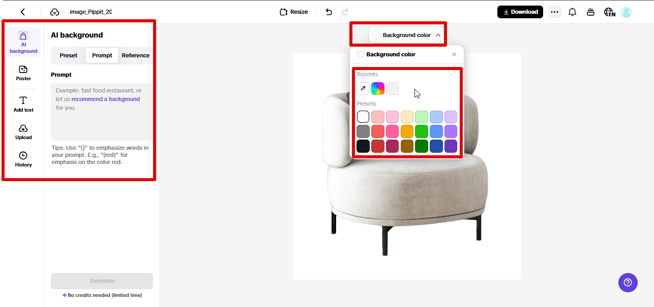 Creating product photos in Pippit