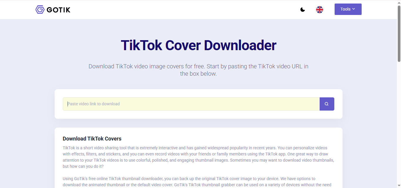 Interfaz de Gotik: una herramienta sencilla para descargar miniaturas de videos de TikTok