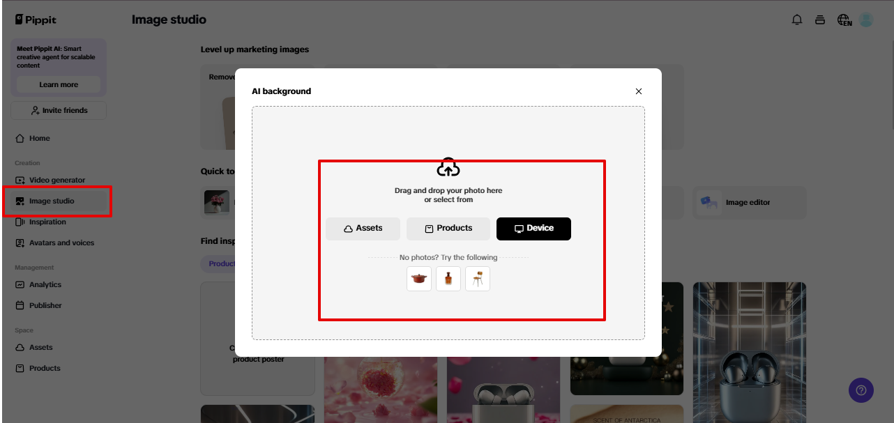 Accessing AI background tool in Pippit