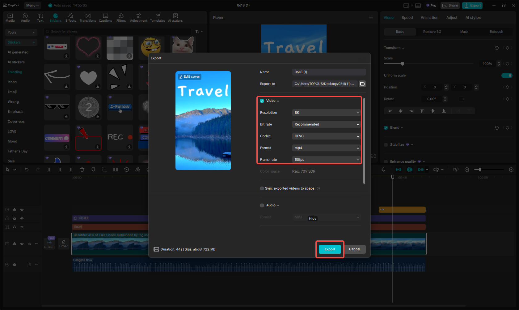 Export the video for Instagram