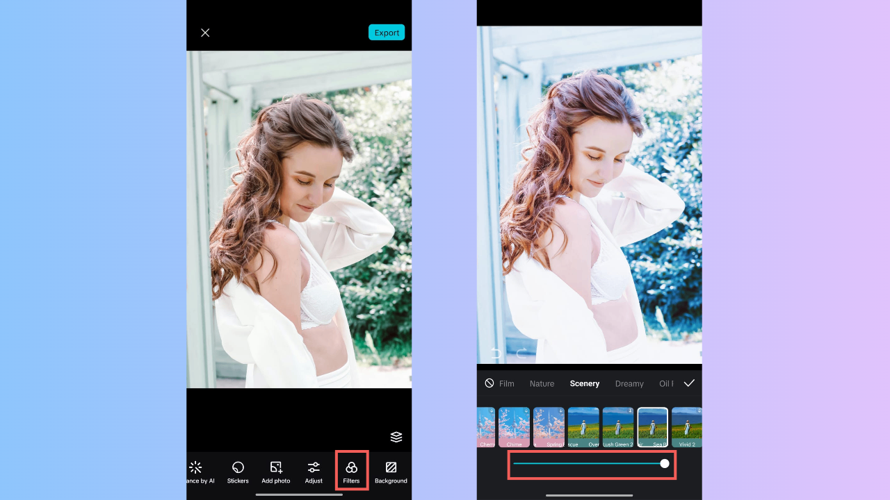 Apply filter and adjust intensity