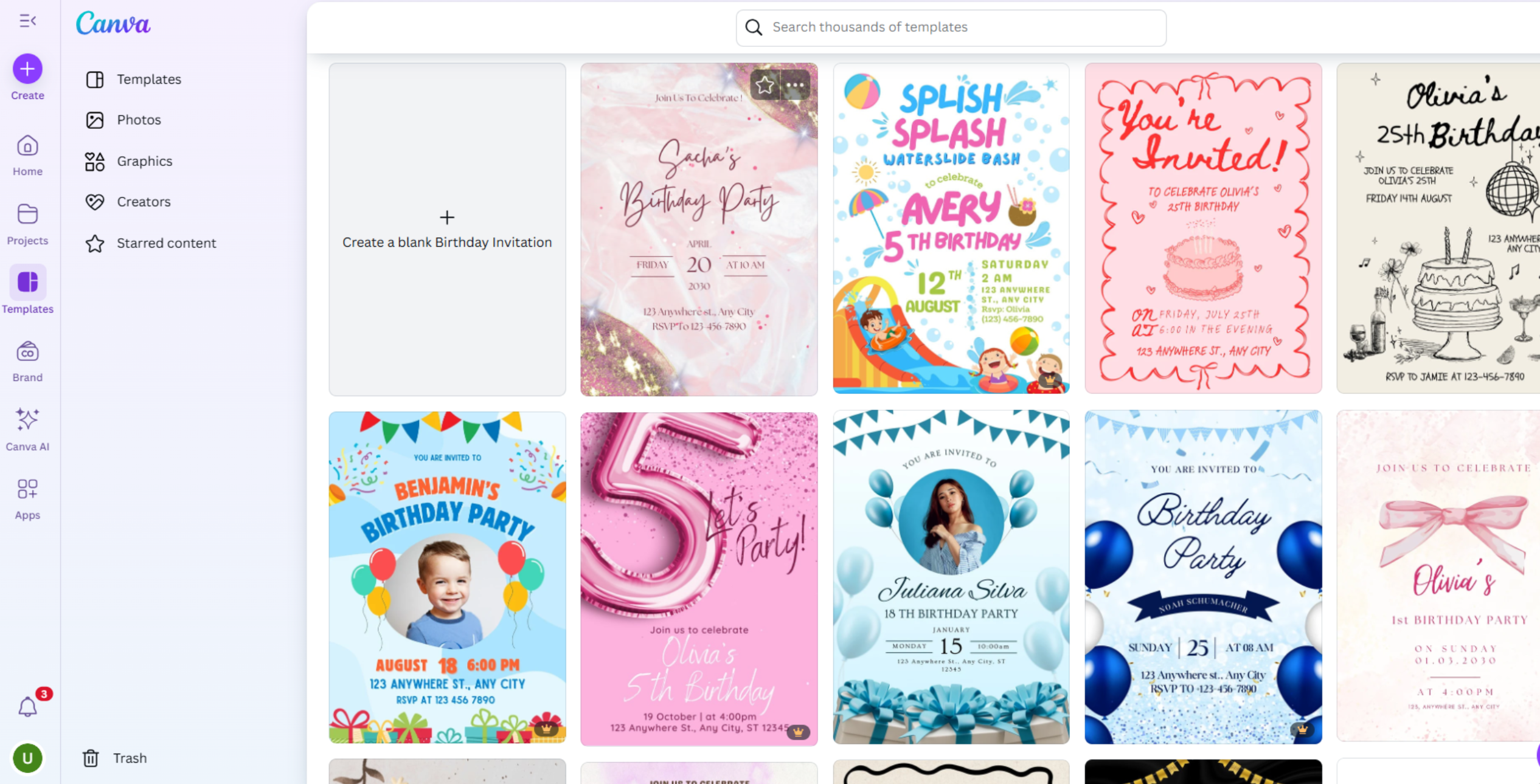 Interfaz de Canva: una buena herramienta para encontrar y editar fondos de invitaciones de cumpleaños.