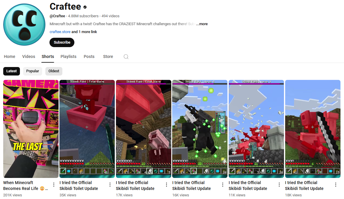 Eşsiz içeriğe sahip Craftee YouTube Minecraft Şort profili