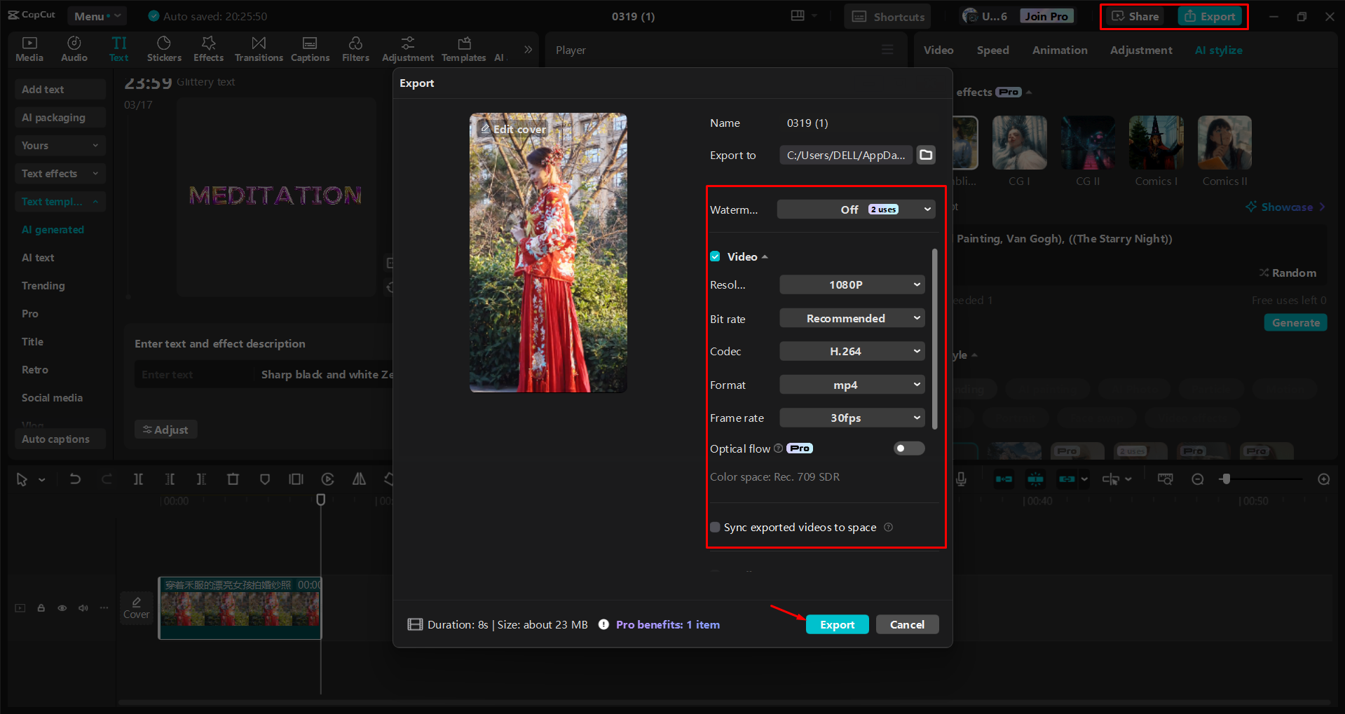 Exportar um vídeo do editor de vídeo para desktop CapCut