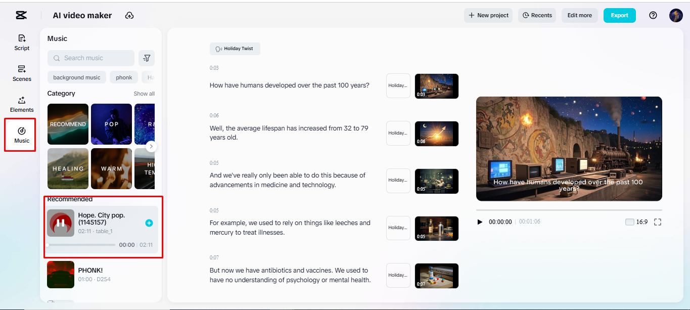 Adding background music to video in CapCut's AI video maker