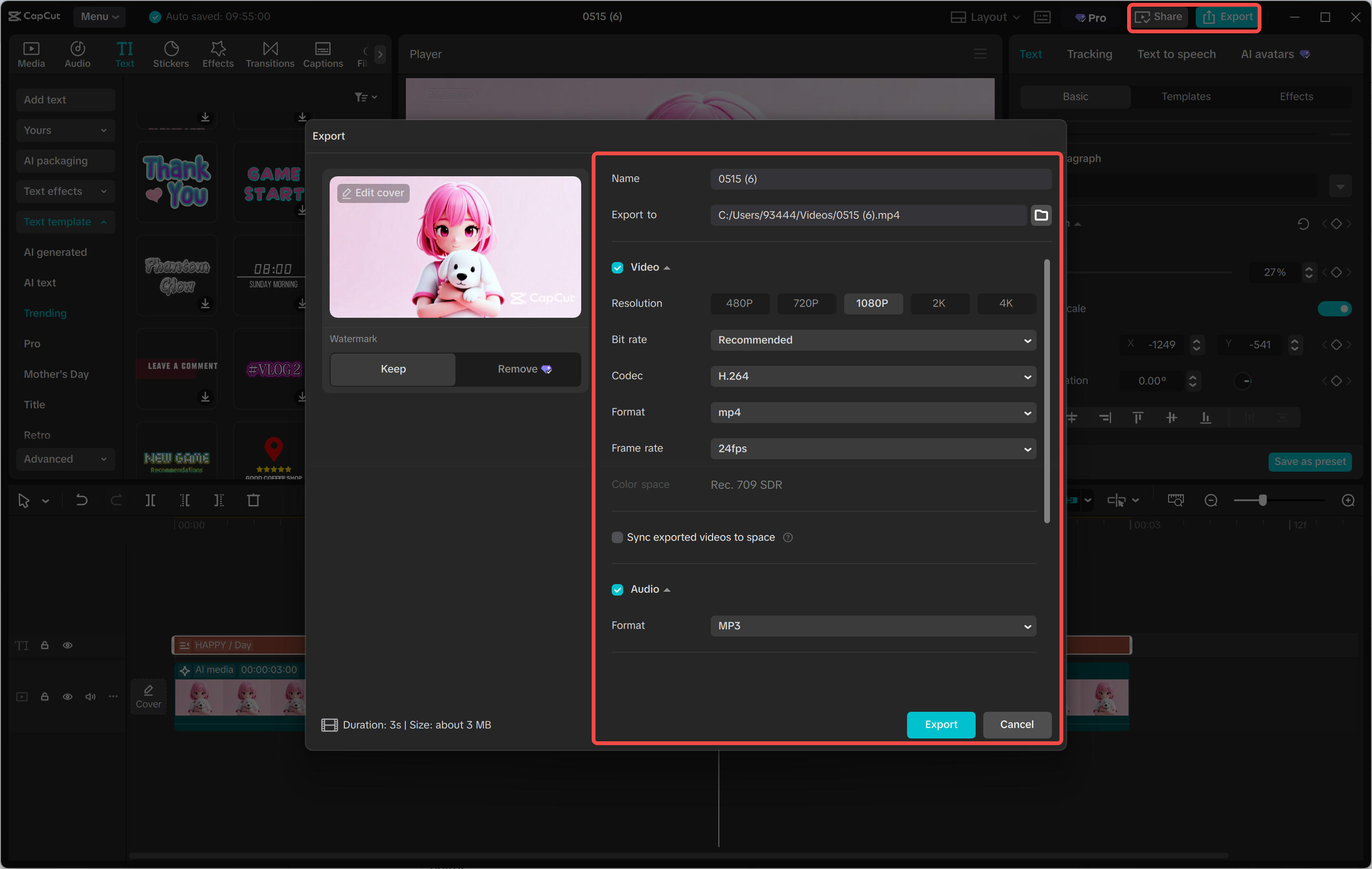 Exportul unui videoclip din editorul video CapCut desktop