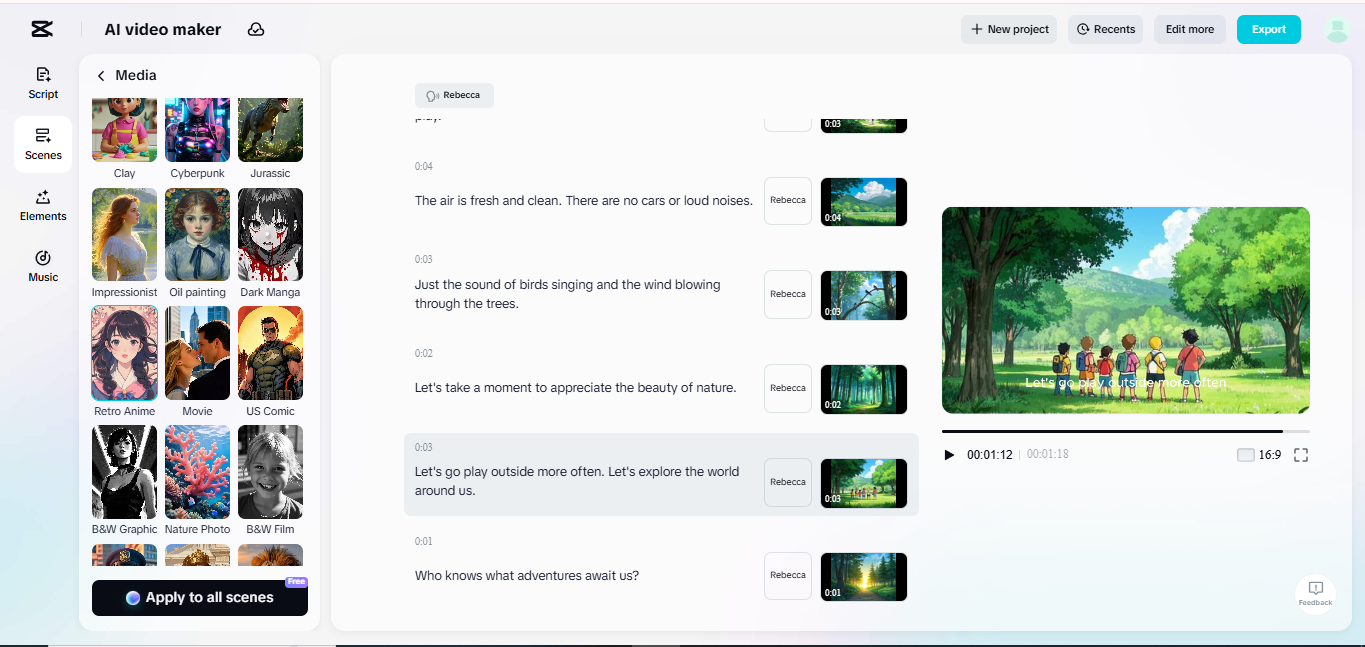 The interface of the CapCut online video editor featuring its AI video maker tool
