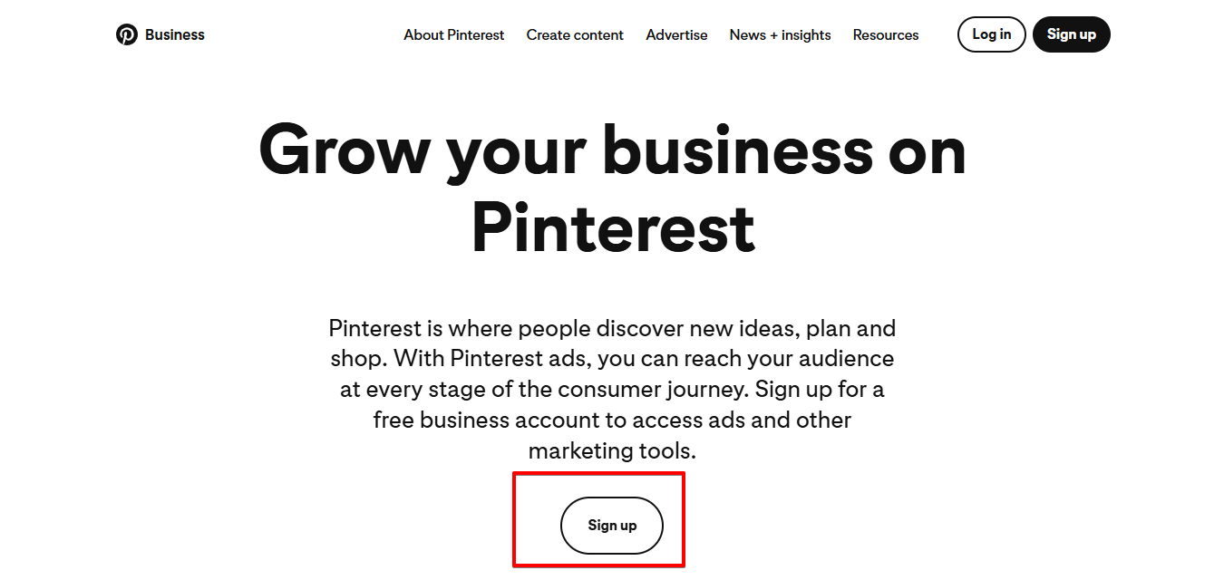 Signing up for Pinterest Business account