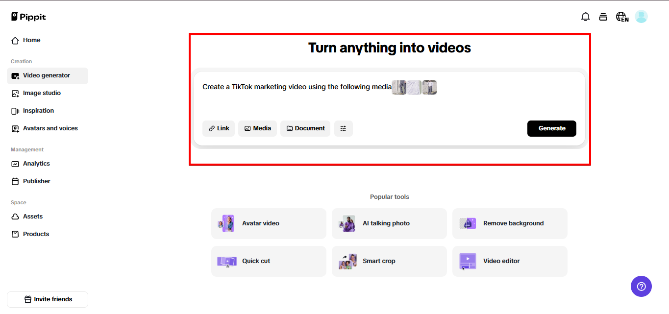 Provide input for video in Pippit
