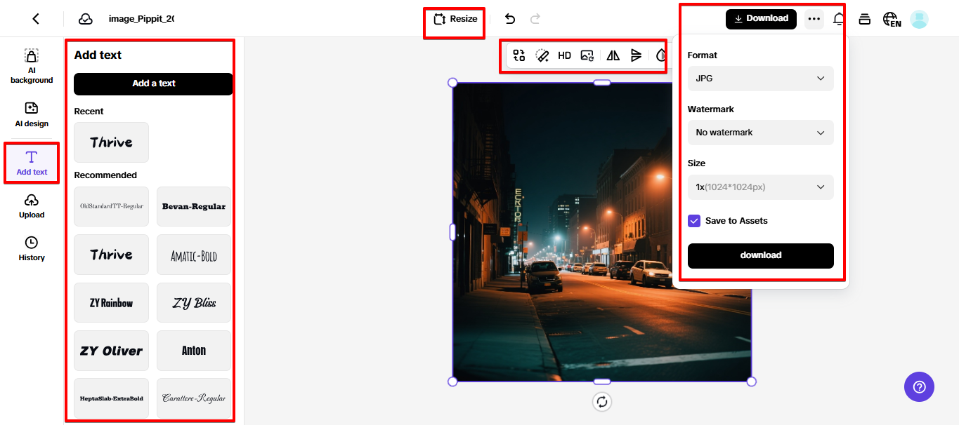 Exporting image from Pippit