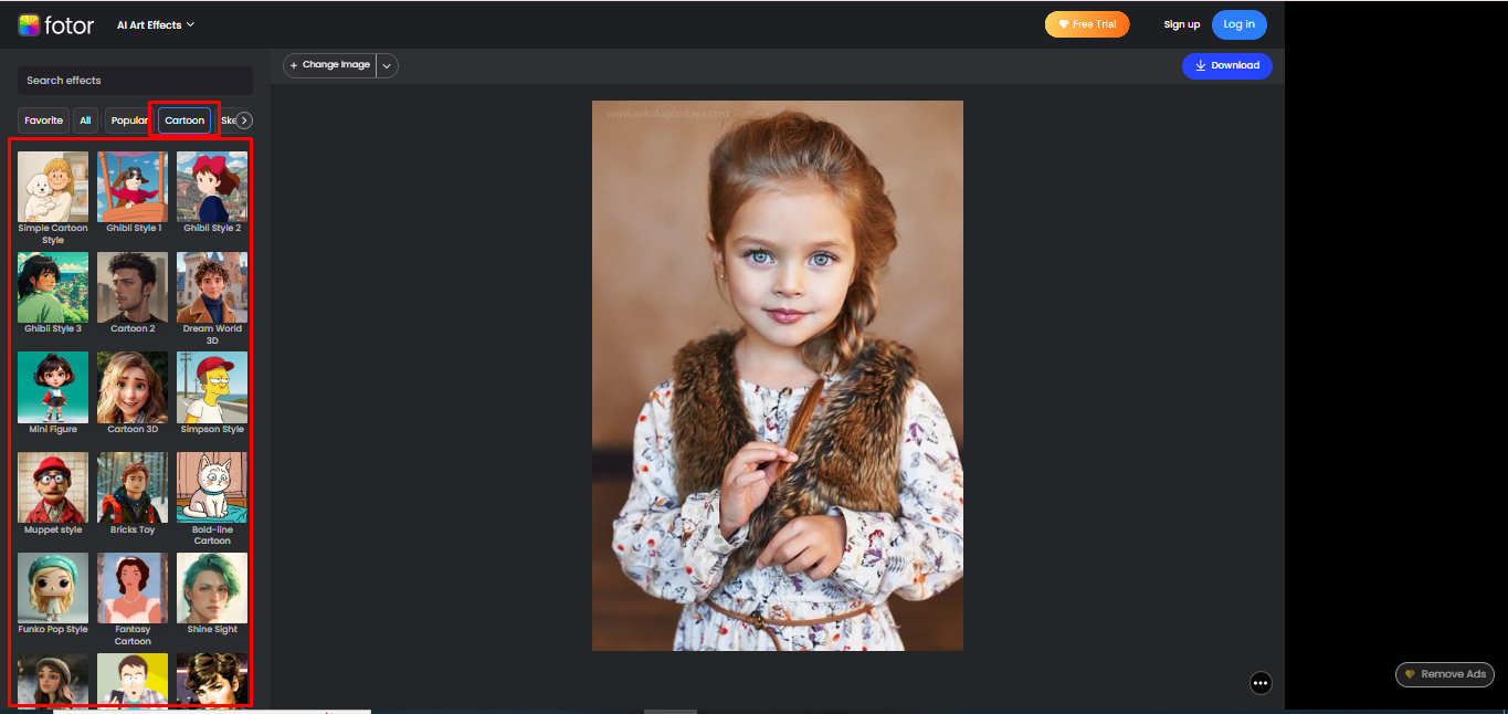Usa gli effetti dei cartoni animati AI in uno strumento online per editor di foto di cartoni animati 3D