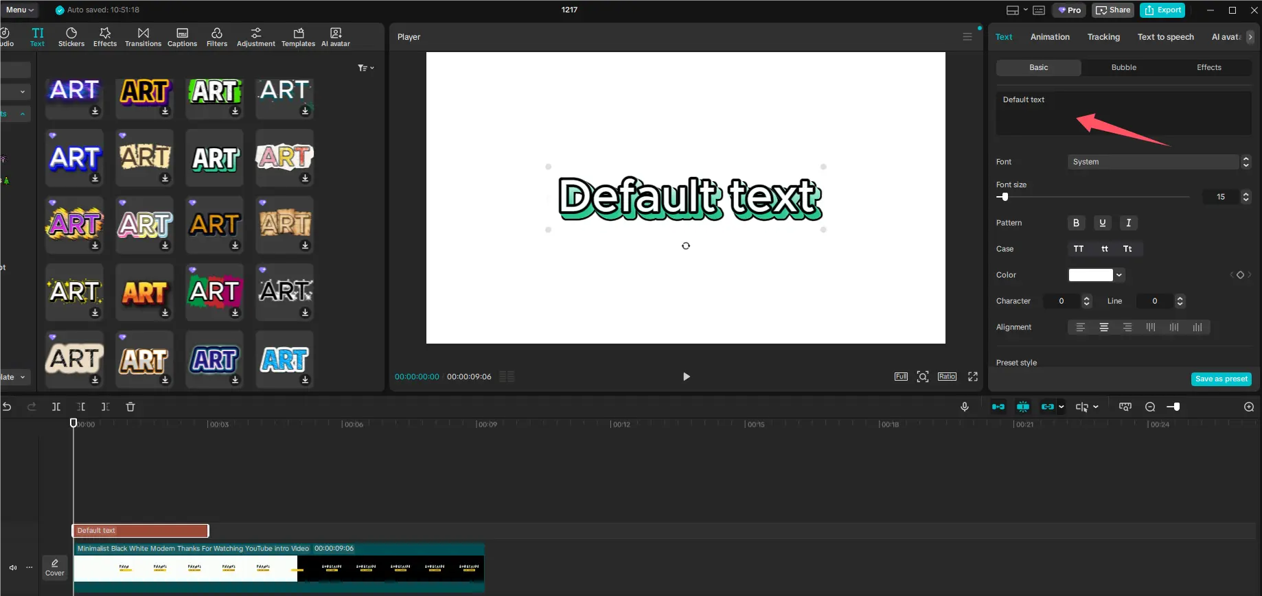CapCut Desktop with a text layer selected in the timeline and its editing controls available