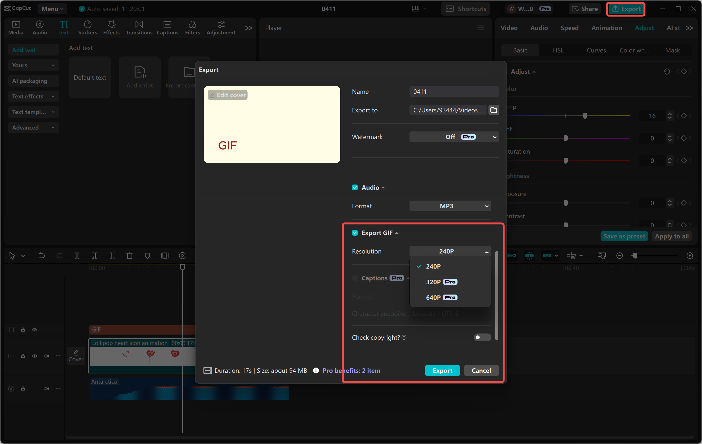 Exporting your recording as a GIF from the CapCut desktop video editor