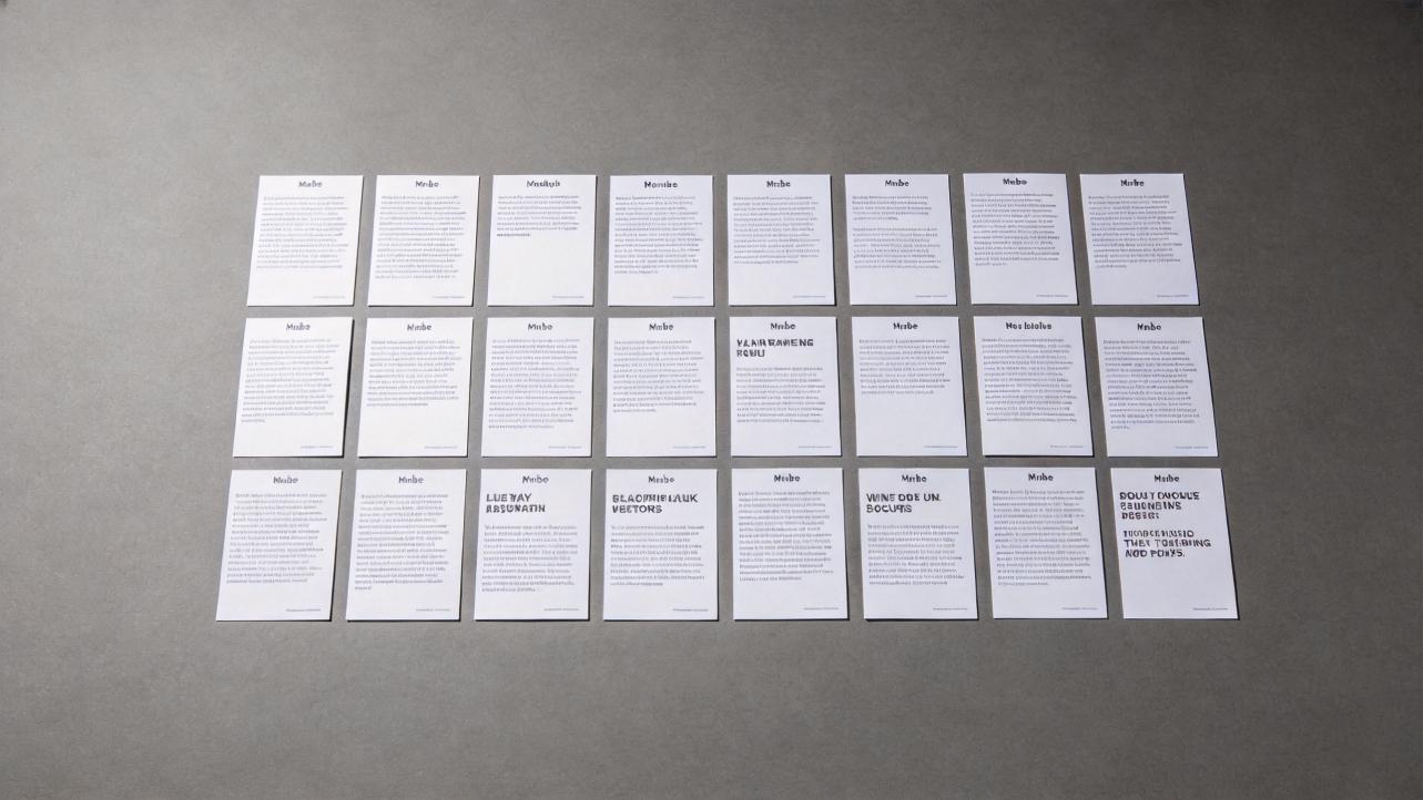 Rows of printed pages with large headings and dense text on a gray surface