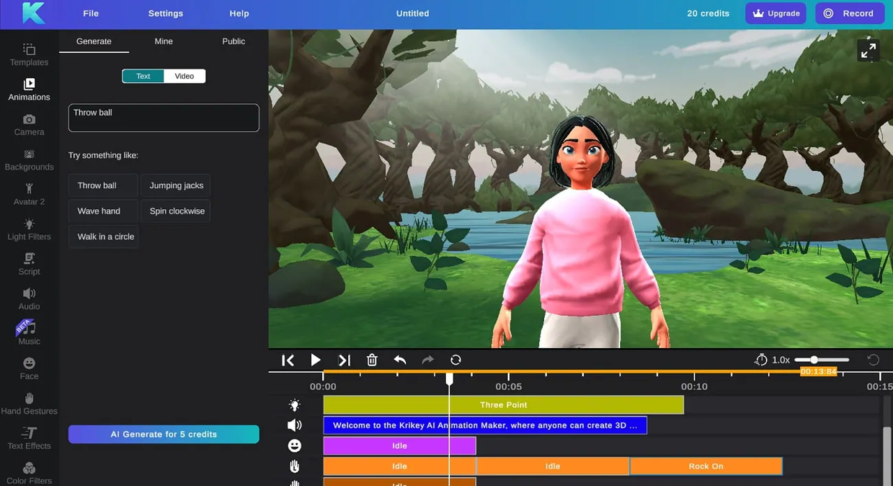 Schnittstelle der 3D-Animationshersteller-Website - Krikey.AI zur Erstellung einer 3D-Animation