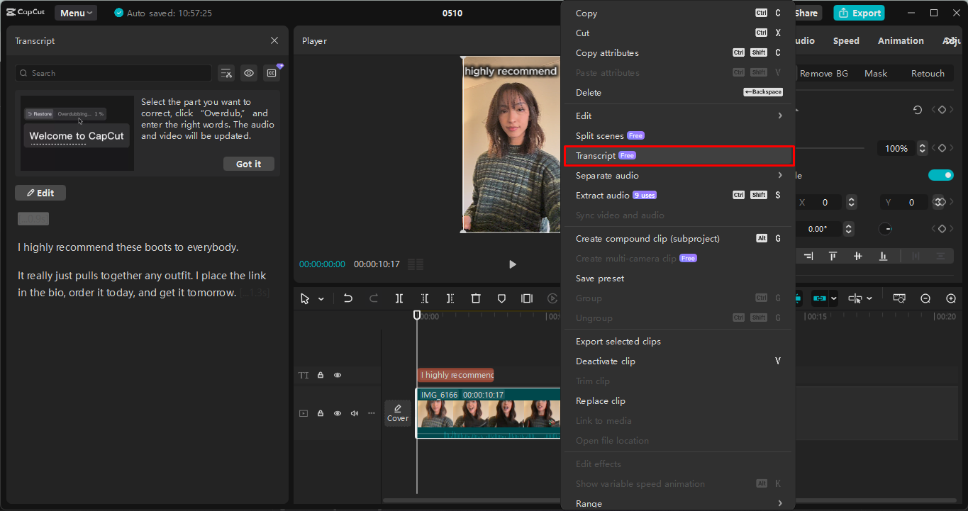 Transcrevendo o vídeo gratuitamente no editor de vídeo de desktop CapCut